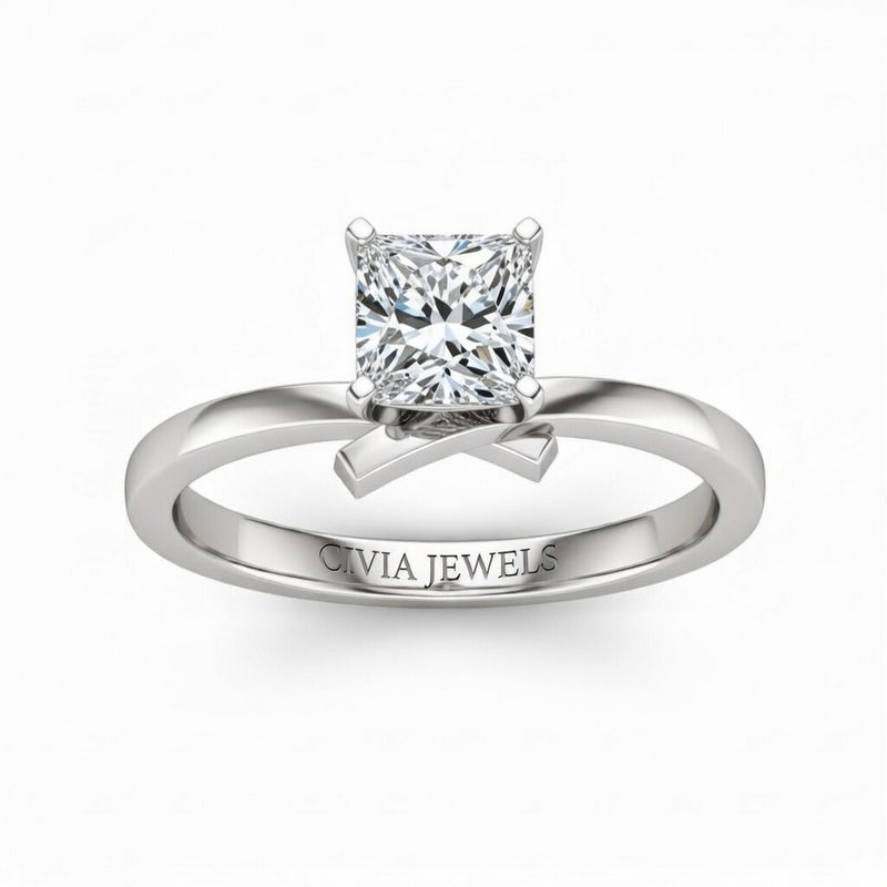 Silver Princess Diamond Solitaire Engagement Ring With Modern Twist Shank
