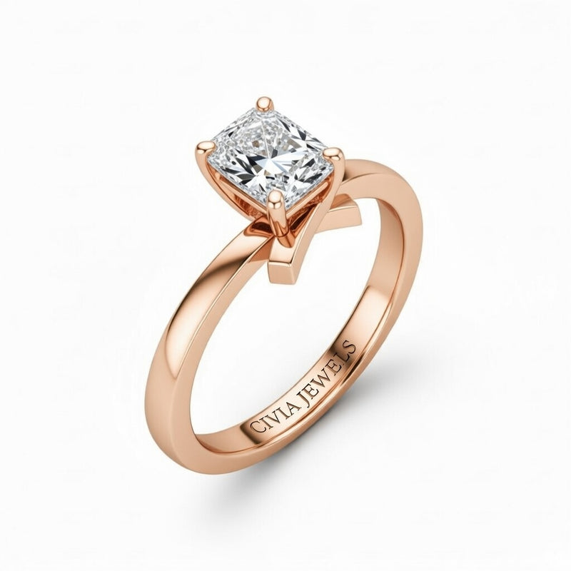 Rose Gold Radiant Diamond Solitaire Engagement Ring With Modern Twist Shank
