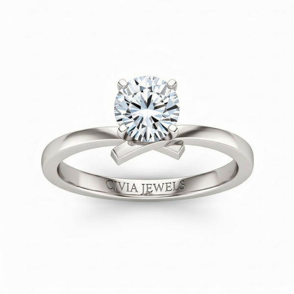 Silver Round Diamond Solitaire Engagement Ring With Modern Twist Shank