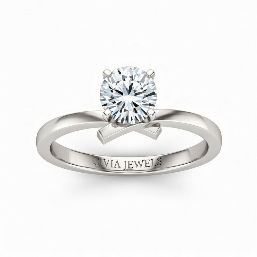 Silver Round Diamond Solitaire Engagement Ring With Modern Twist Shank