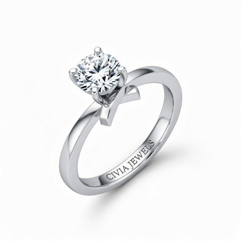 Silver Round Diamond Solitaire Engagement Ring With Modern Twist Shank