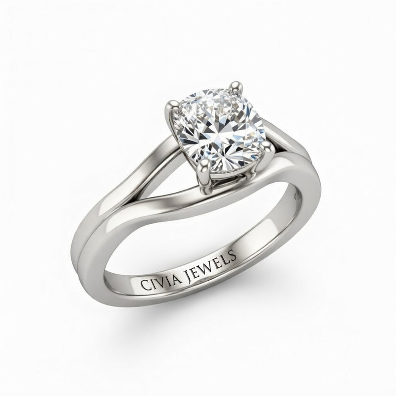 White Gold Cushion Cut Solitaire Engagement Ring with Contemporary Bypass Shank