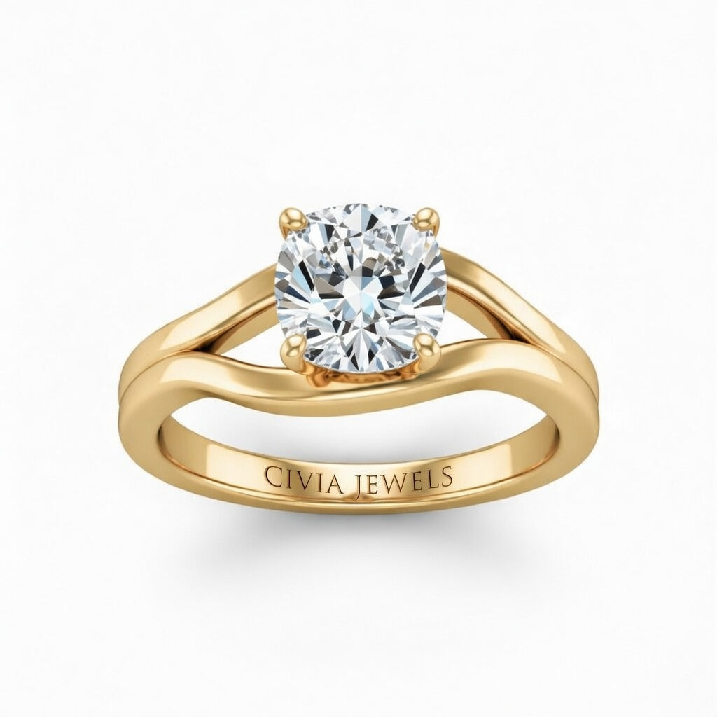 Yellow Gold Cushion Cut Solitaire Engagement Ring with Contemporary Bypass Shank