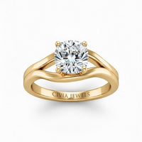 Yellow Gold Cushion Cut Solitaire Engagement Ring with Contemporary Bypass Shank