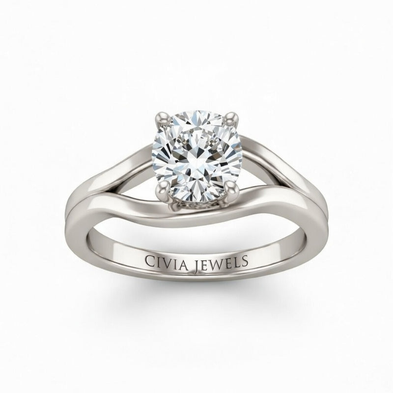 White Gold Cushion Cut Solitaire Engagement Ring with Contemporary Bypass Shank