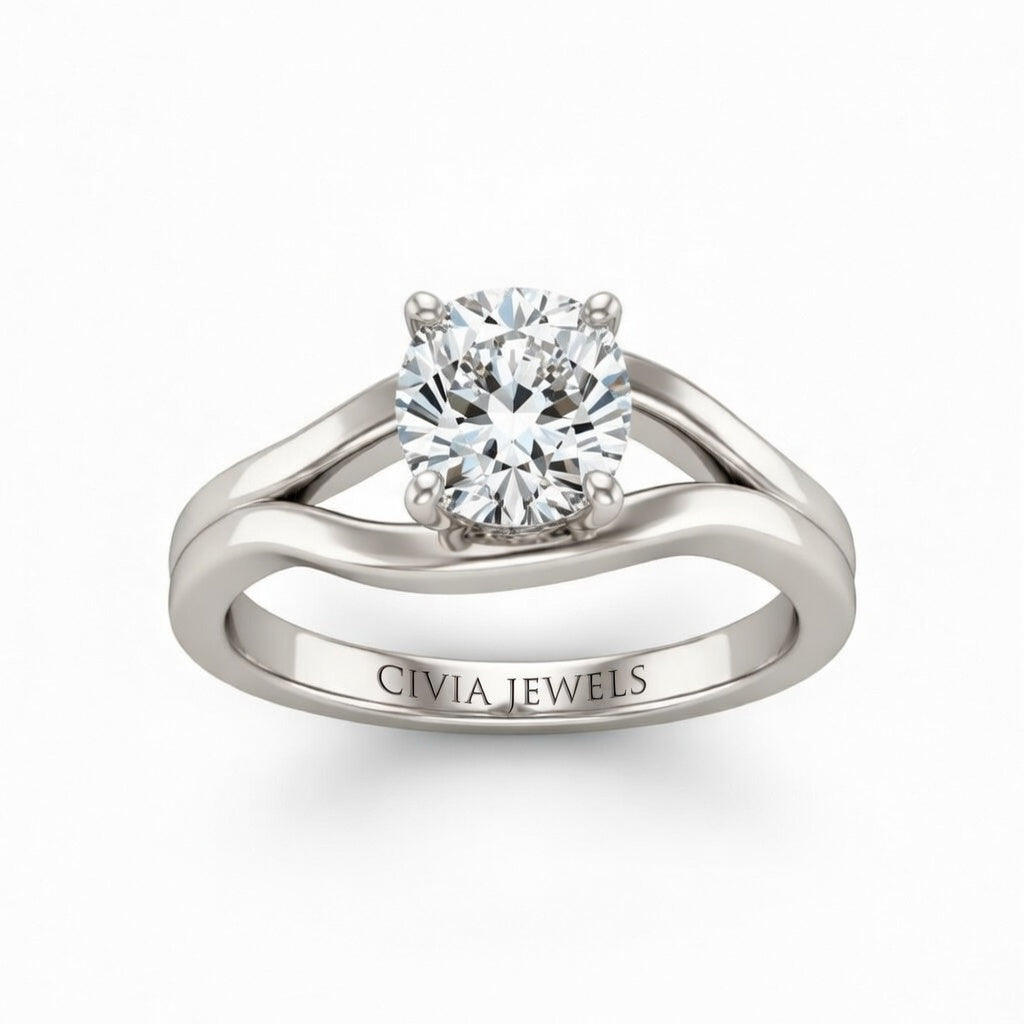 White Gold Cushion Cut Solitaire Engagement Ring with Contemporary Bypass Shank