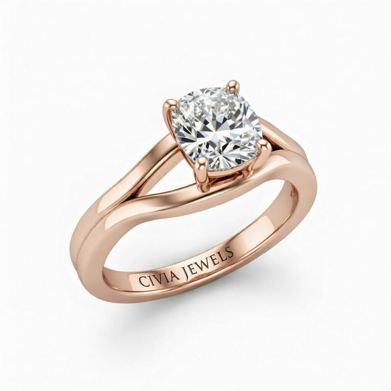 Rose Gold Cushion Cut Solitaire Engagement Ring with Contemporary Bypass Shank