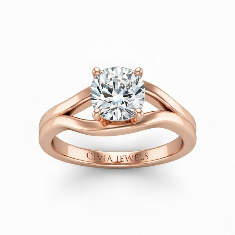 Rose Gold Cushion Cut Solitaire Engagement Ring with Contemporary Bypass Shank