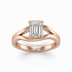 Rose Gold Emerald Cut Solitaire Engagement Ring with Contemporary Bypass Shank