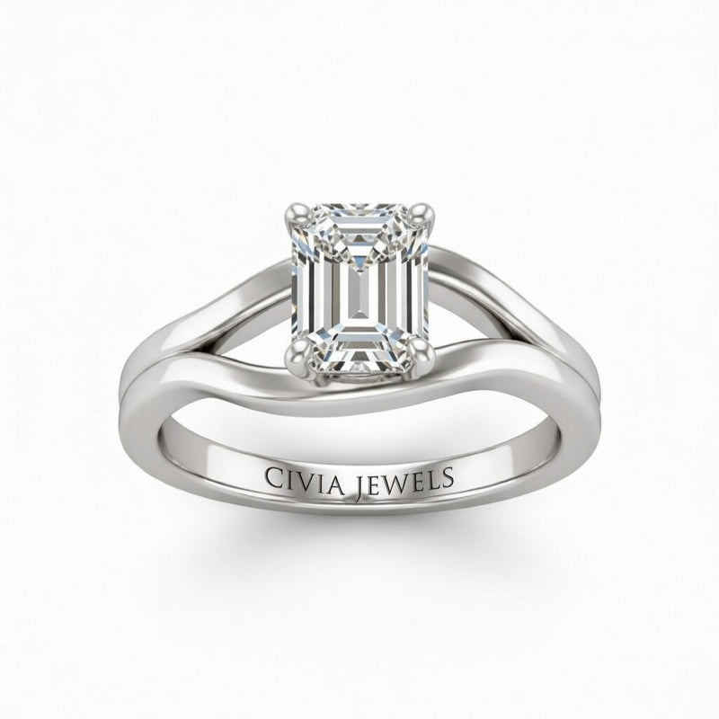 White Gold Emerald Cut Solitaire Engagement Ring with Contemporary Bypass Shank