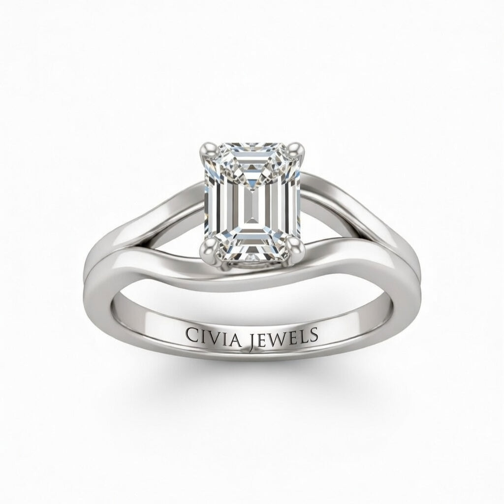 Silver Emerald Cut Solitaire Engagement Ring with Contemporary Bypass Shank