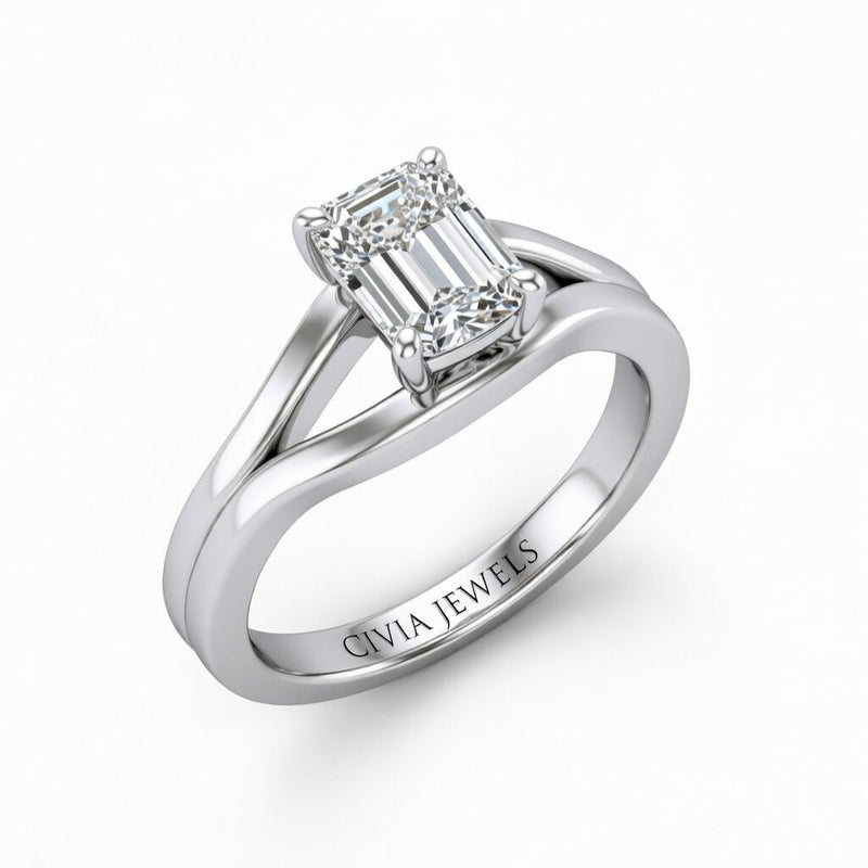 White Gold Emerald Cut Solitaire Engagement Ring with Contemporary Bypass Shank
