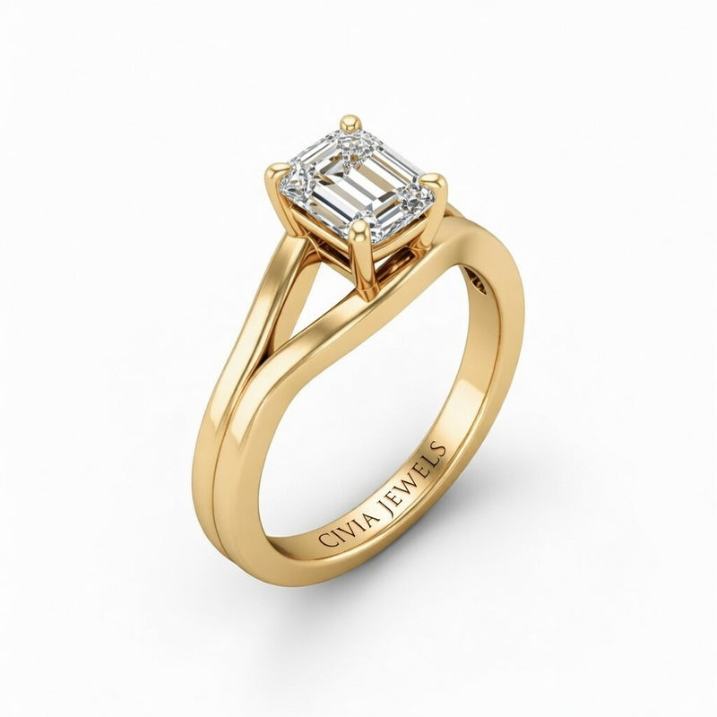Yellow Gold Emerald Cut Solitaire Engagement Ring with Contemporary Bypass Shank