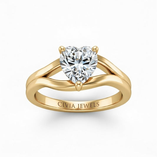 Yellow Gold Heart Cut Solitaire Engagement Ring with Contemporary Bypass Shank
