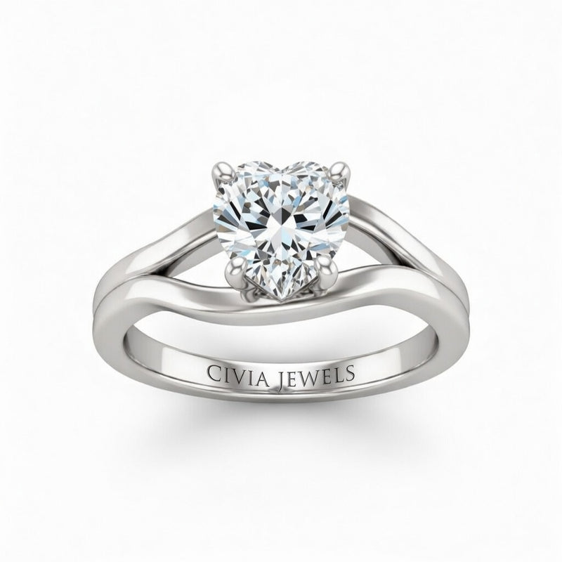 White Gold Heart Cut Solitaire Engagement Ring with Contemporary Bypass Shank