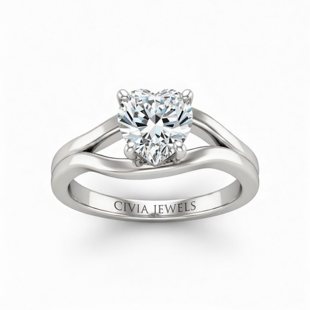 Silver Heart Cut Solitaire Engagement Ring with Contemporary Bypass Shank