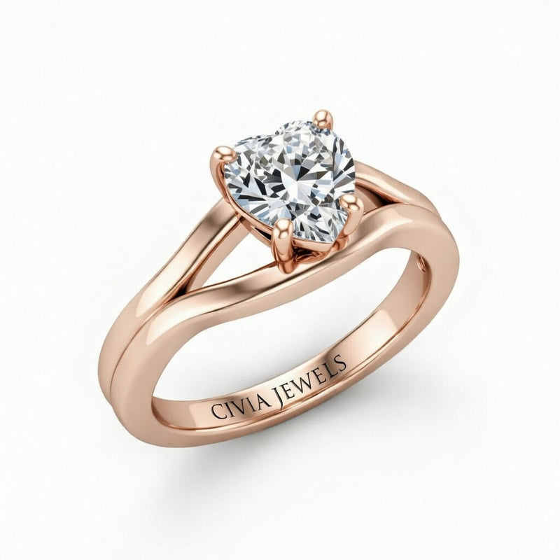 Rose Gold Heart Cut Solitaire Engagement Ring with Contemporary Bypass Shank