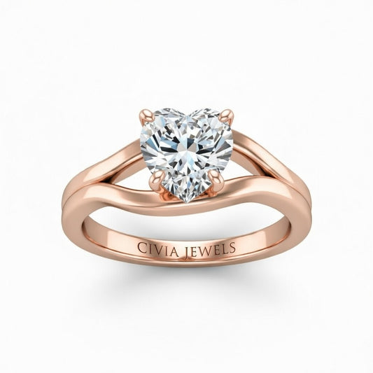 Rose Gold Heart Cut Solitaire Engagement Ring with Contemporary Bypass Shank