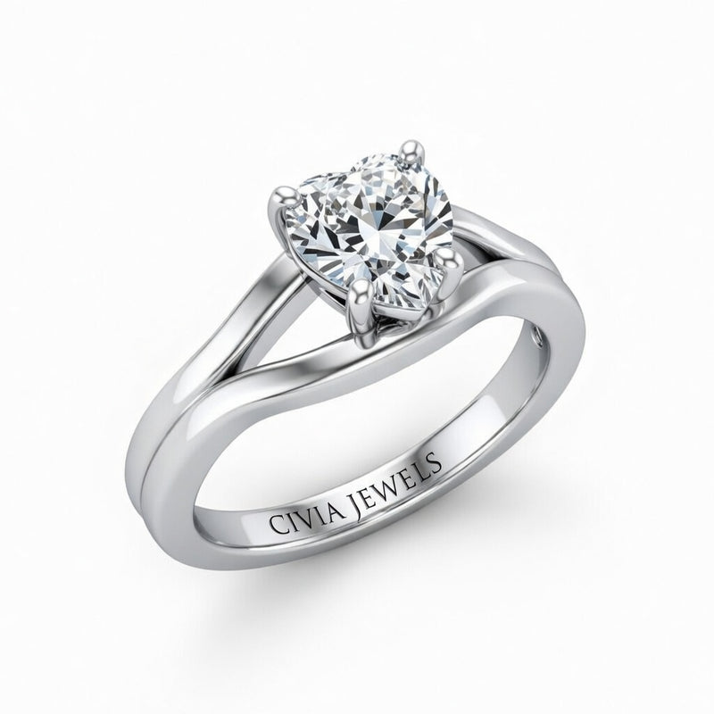 White Gold Heart Cut Solitaire Engagement Ring with Contemporary Bypass Shank
