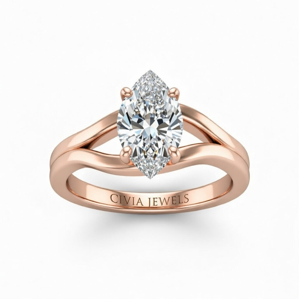 Rose Gold Marquise Cut Solitaire Engagement Ring with Contemporary Bypass Shank