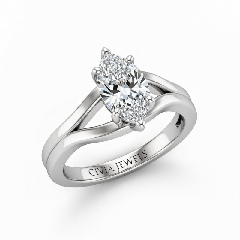 White Gold Marquise Cut Solitaire Engagement Ring with Contemporary Bypass Shank