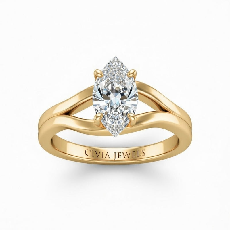 Yellow Gold Marquise Cut Solitaire Engagement Ring with Contemporary Bypass Shank