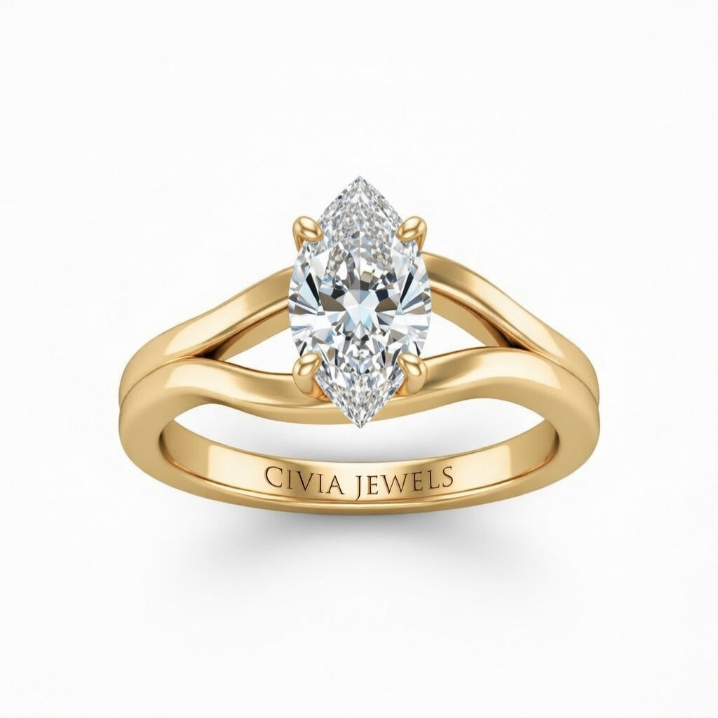 Yellow Gold Marquise Cut Solitaire Engagement Ring with Contemporary Bypass Shank