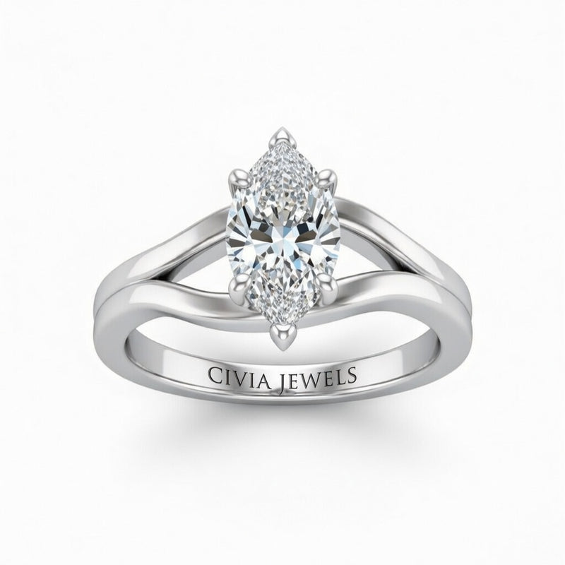 White Gold Marquise Cut Solitaire Engagement Ring with Contemporary Bypass Shank
