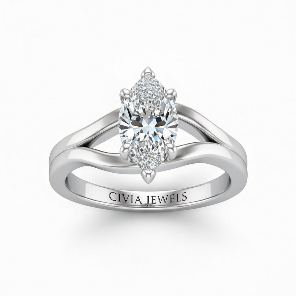 White Gold Marquise Cut Solitaire Engagement Ring with Contemporary Bypass Shank
