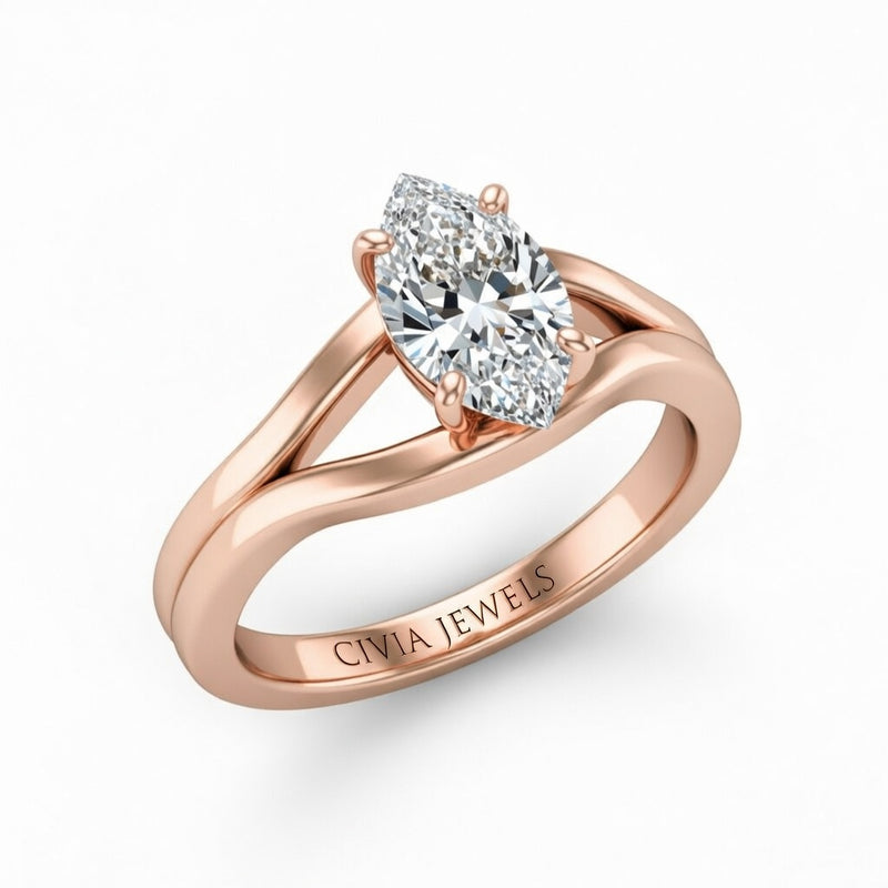 Rose Gold Marquise Cut Solitaire Engagement Ring with Contemporary Bypass Shank