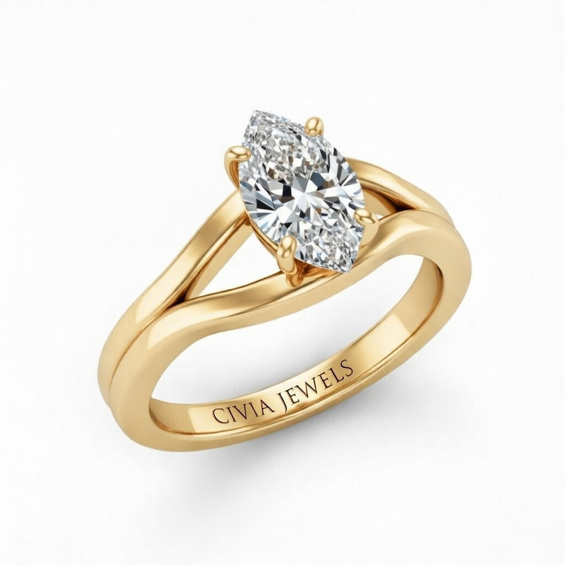 Yellow Gold Marquise Cut Solitaire Engagement Ring with Contemporary Bypass Shank