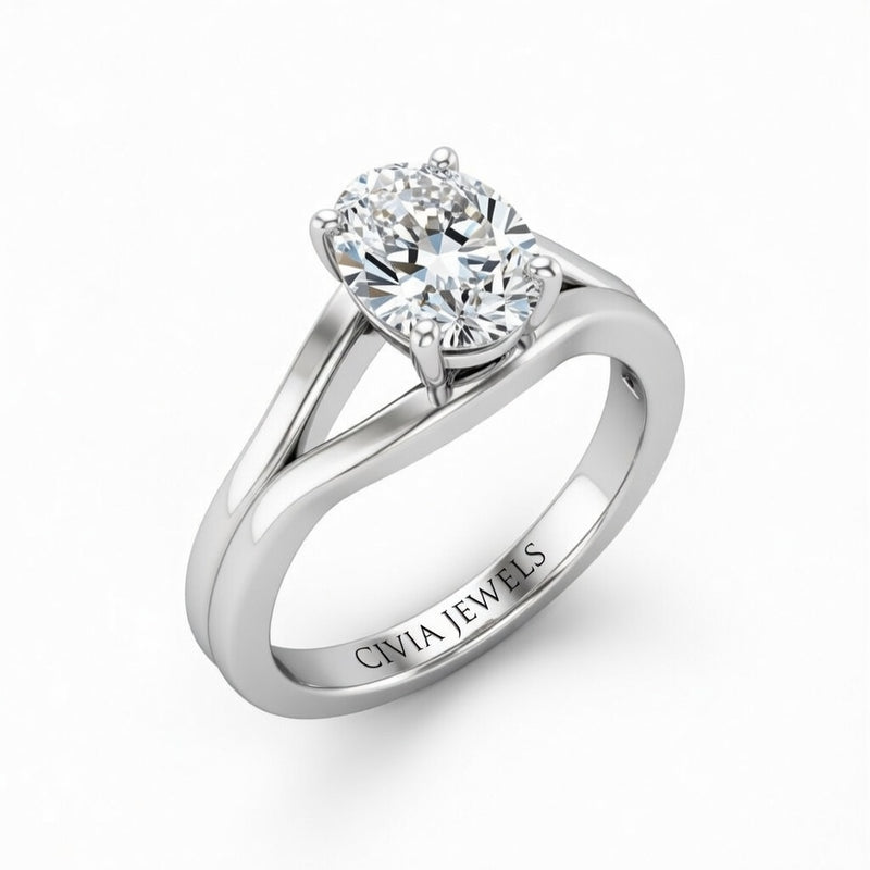 White Gold Oval Cut Solitaire Engagement Ring with Contemporary Bypass Shank