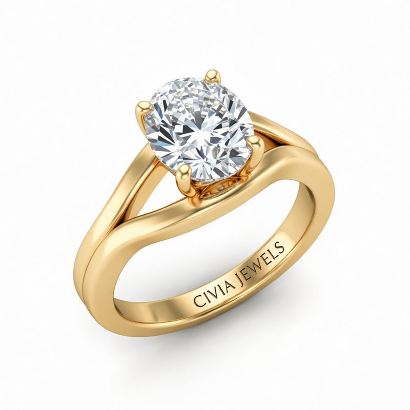 Yellow Gold Oval Cut Solitaire Engagement Ring with Contemporary Bypass Shank