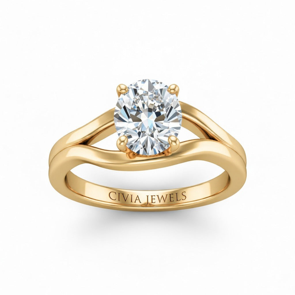 Yellow Gold Oval Cut Solitaire Engagement Ring with Contemporary Bypass Shank