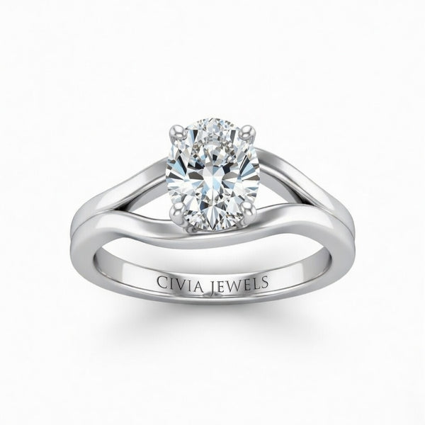 White Gold Oval Cut Solitaire Engagement Ring with Contemporary Bypass Shank