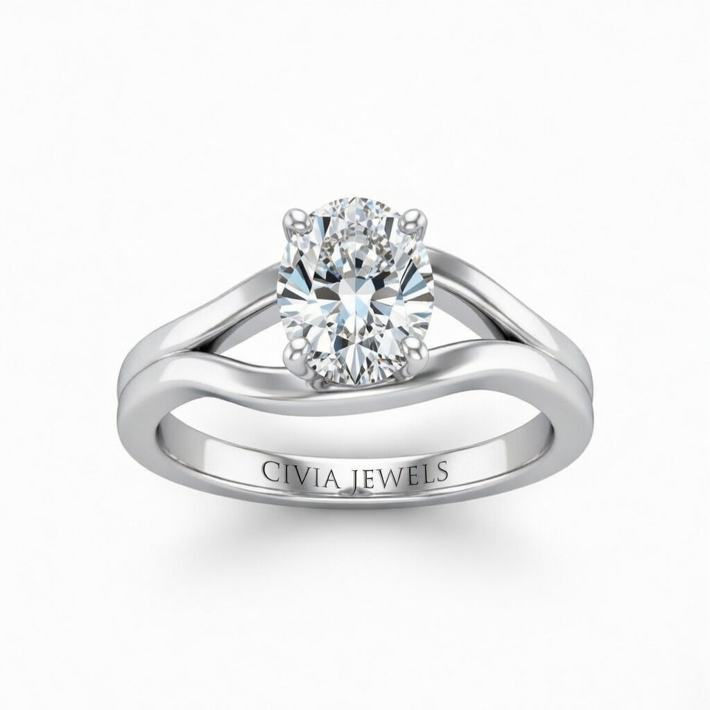 Silver Oval Cut Solitaire Engagement Ring with Contemporary Bypass Shank