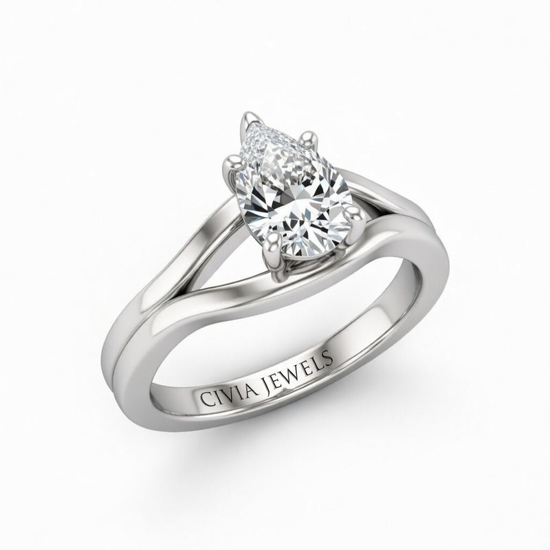 White Gold Pear Cut Solitaire Engagement Ring with Contemporary Bypass Shank