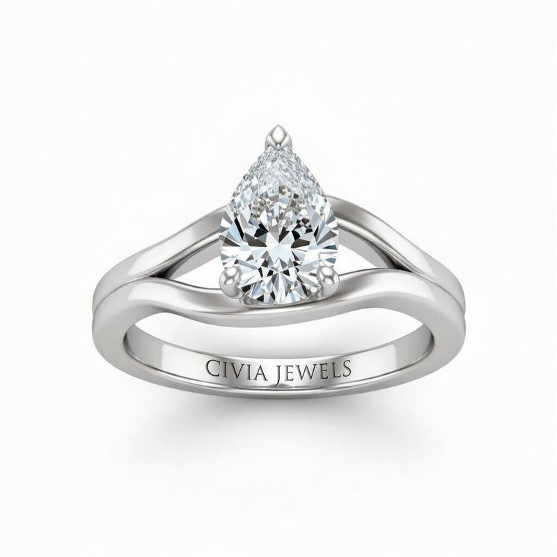 Silver Pear Cut Solitaire Engagement Ring with Contemporary Bypass Shank