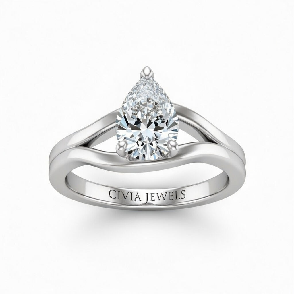 Silver Pear Cut Solitaire Engagement Ring with Contemporary Bypass Shank