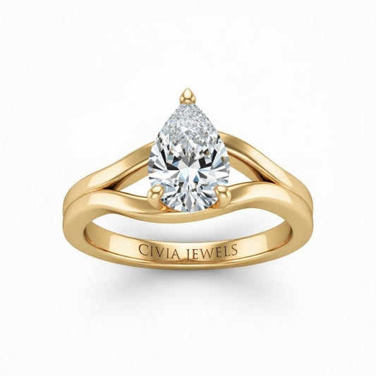 Yellow Gold Pear Cut Solitaire Engagement Ring with Contemporary Bypass Shank