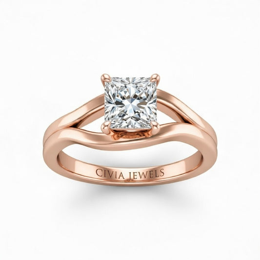 Rose Gold Princess Cut Solitaire Engagement Ring with Contemporary Bypass Shank