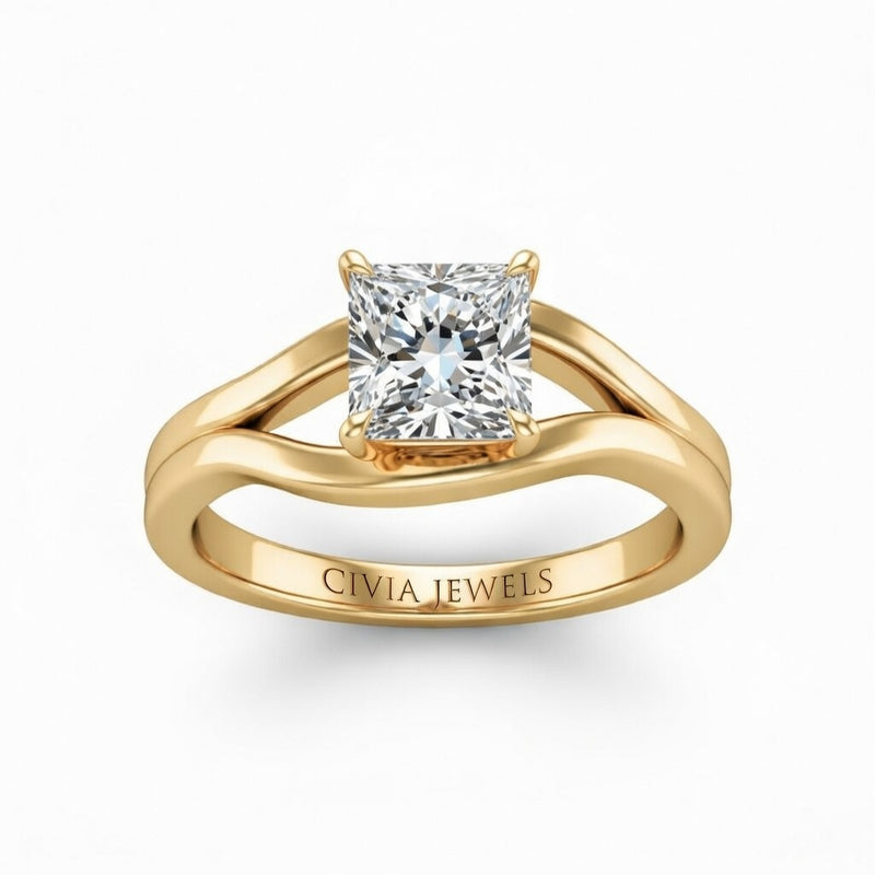 Yellow Gold Princess Cut Solitaire Engagement Ring with Contemporary Bypass Shank