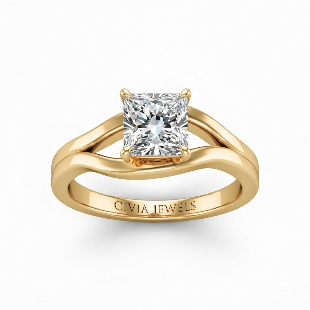 Yellow Gold Princess Cut Solitaire Engagement Ring with Contemporary Bypass Shank