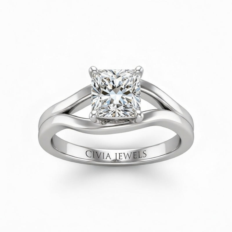 Silver Princess Cut Solitaire Engagement Ring with Contemporary Bypass Shank