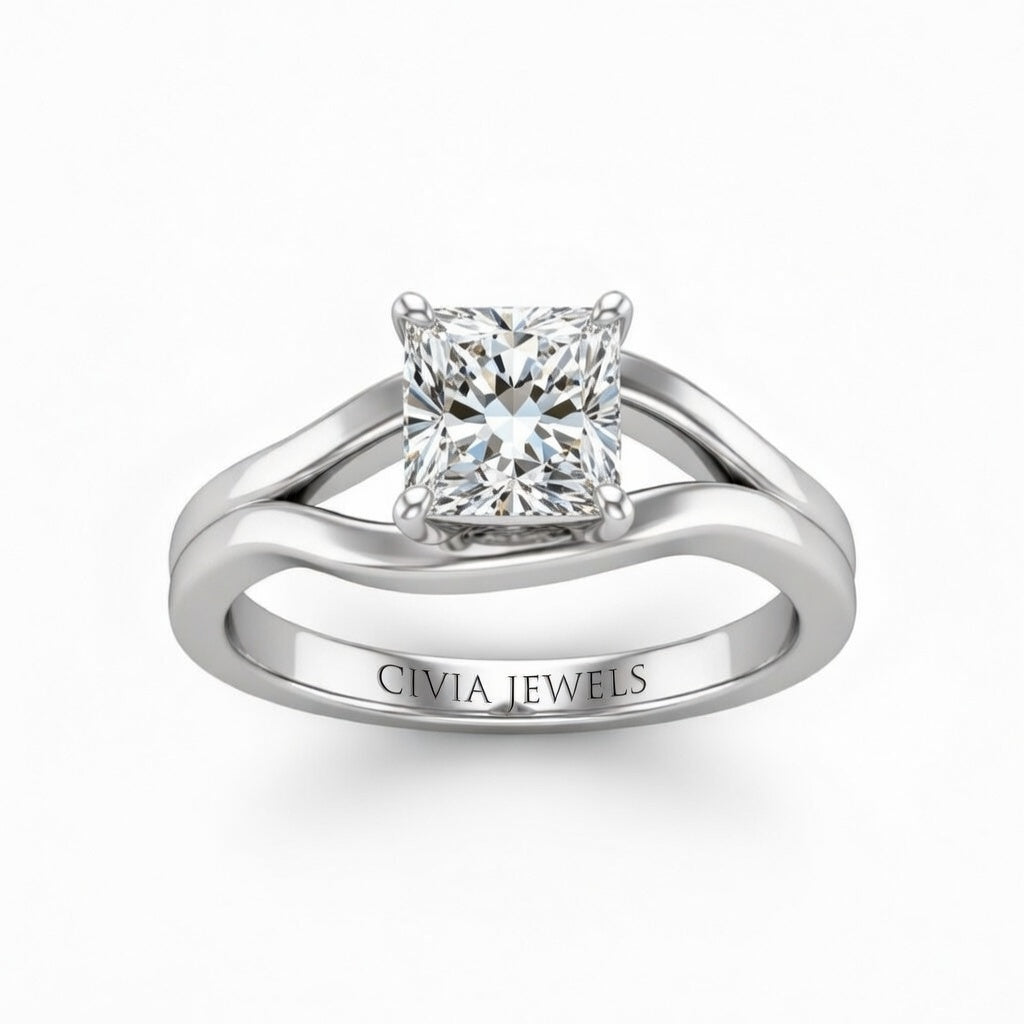 Silver Princess Cut Solitaire Engagement Ring with Contemporary Bypass Shank