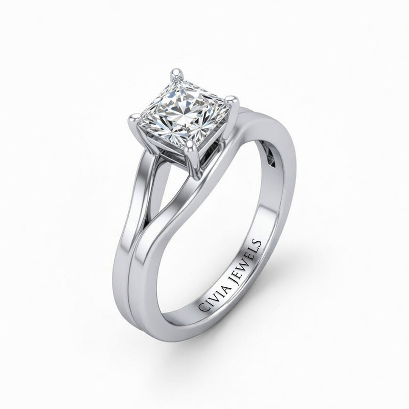 White Gold Princess Cut Solitaire Engagement Ring with Contemporary Bypass Shank