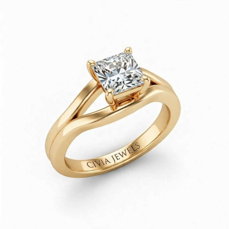 Yellow Gold Princess Cut Solitaire Engagement Ring with Contemporary Bypass Shank