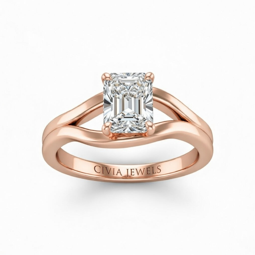 Rose Gold Radiant Cut Solitaire Engagement Ring with Contemporary Bypass Shank