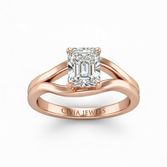 Rose Gold Radiant Cut Solitaire Engagement Ring with Contemporary Bypass Shank
