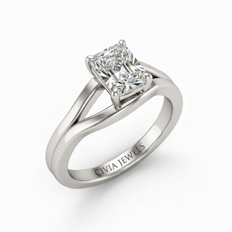 White Gold Radiant Cut Solitaire Engagement Ring with Contemporary Bypass Shank